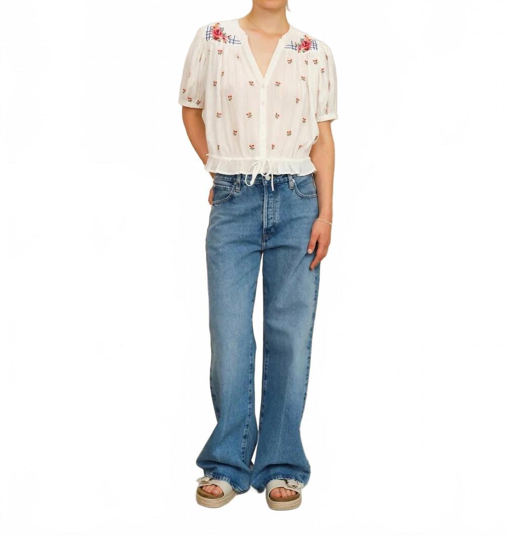 NEW M.A.B.E. harlie embroidered short sleeve top in ecru/multi